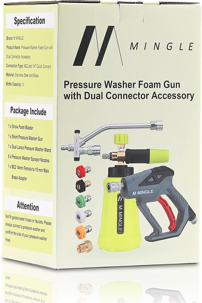 M MINGLE High Pressure Washer Gun with Foam Cannon, Foam Cannon Dual Connector Accessory, Car Wash Foam Gun Kit 1/4 Inch Quick Connector, 5 Pressure Washer Nozzle Tips