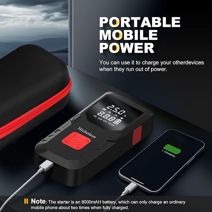12 V Car 8000 mAh Battery Jump Starter 2800A with 150psI Air Compressor, Compact and Practical Edition QB08L Safe Smart, Portable Jump Box and Charger for 6.0L Gas and 3.0L Diesel Engines.