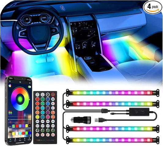 Led Lights for Car Accessories Interior, RGB+IC 48 LED Car Interior Light, 16 Million Colors Strip Light, APP Remote Control with USB Port Color Change Under Dash Lighting for SUVs, Trucks