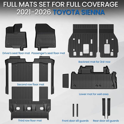 Floor Mats Set for 2021-2025 2026 Toyota Sienna (Only for 8 Seats), All Weather TPE Backrest Mat Trunk Lower Well Mat Cargo Liner Door Sill Guards Accessories (8 Seats Full Mats Set)