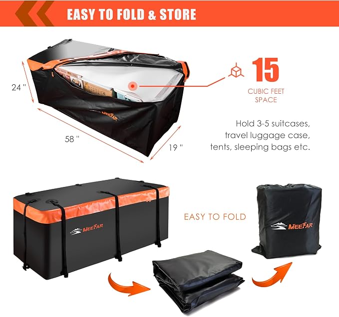 MeeFar Hitch Mount Cargo Carrier Bag Soft Shell 100% Waterproof 16 Cubic Feet (58" 24" 19") Include 8 Reinforced Straps for Truck Pickup All Vehicle with Steel Cargo Basket