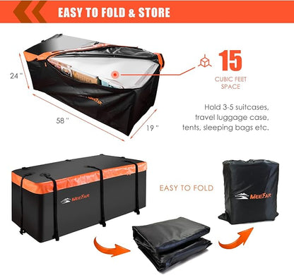 MeeFar Hitch Mount Cargo Carrier Bag Soft Shell 100% Waterproof 16 Cubic Feet (58" 24" 19") Include 8 Reinforced Straps for Truck Pickup All Vehicle with Steel Cargo Basket