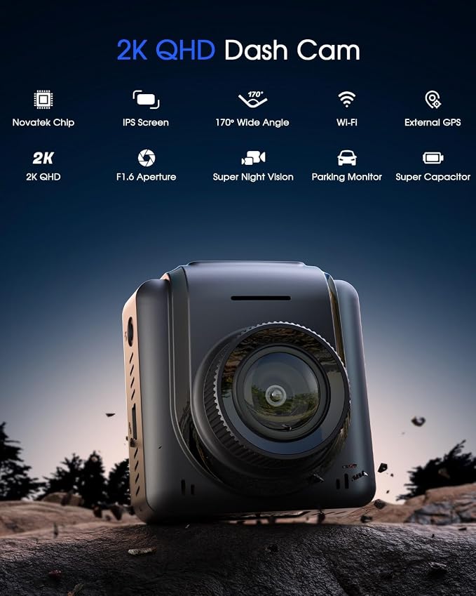 Dash Cam 2K, WiFi Dashcams with APP, External GPS, 1.5'' IPS Screen, Front Dash Camera for Cars, Mini Car Camera, WDR Night Vision, 24H Parking Monitor, Loop Recording, G-Sensor