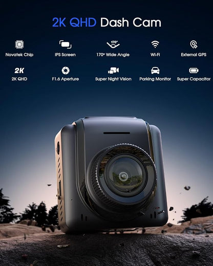 Dash Cam 2K, WiFi Dashcams with APP, External GPS, 1.5'' IPS Screen, Front Dash Camera for Cars, Mini Car Camera, WDR Night Vision, 24H Parking Monitor, Loop Recording, G-Sensor