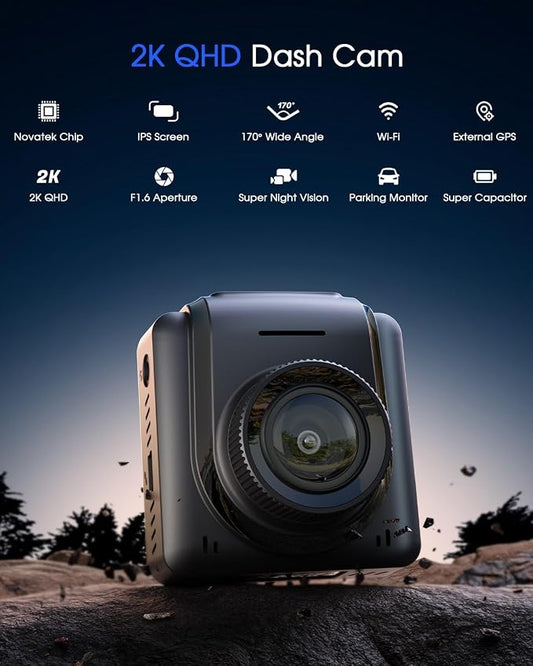 Dash Cam 2K, WiFi Dashcams with APP, External GPS, 1.5'' IPS Screen, Front Dash Camera for Cars, Mini Car Camera, WDR Night Vision, 24H Parking Monitor, Loop Recording, G-Sensor