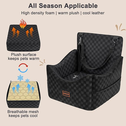 JOEJOY Elevated Dog Car Seat for Small/Medium Dogs up to 35 lbs, Memory Foam Booster Seat with Detachable Washable Cover, Travel-Safe Car Bed with Safety Belts & Storage Pockets, Black