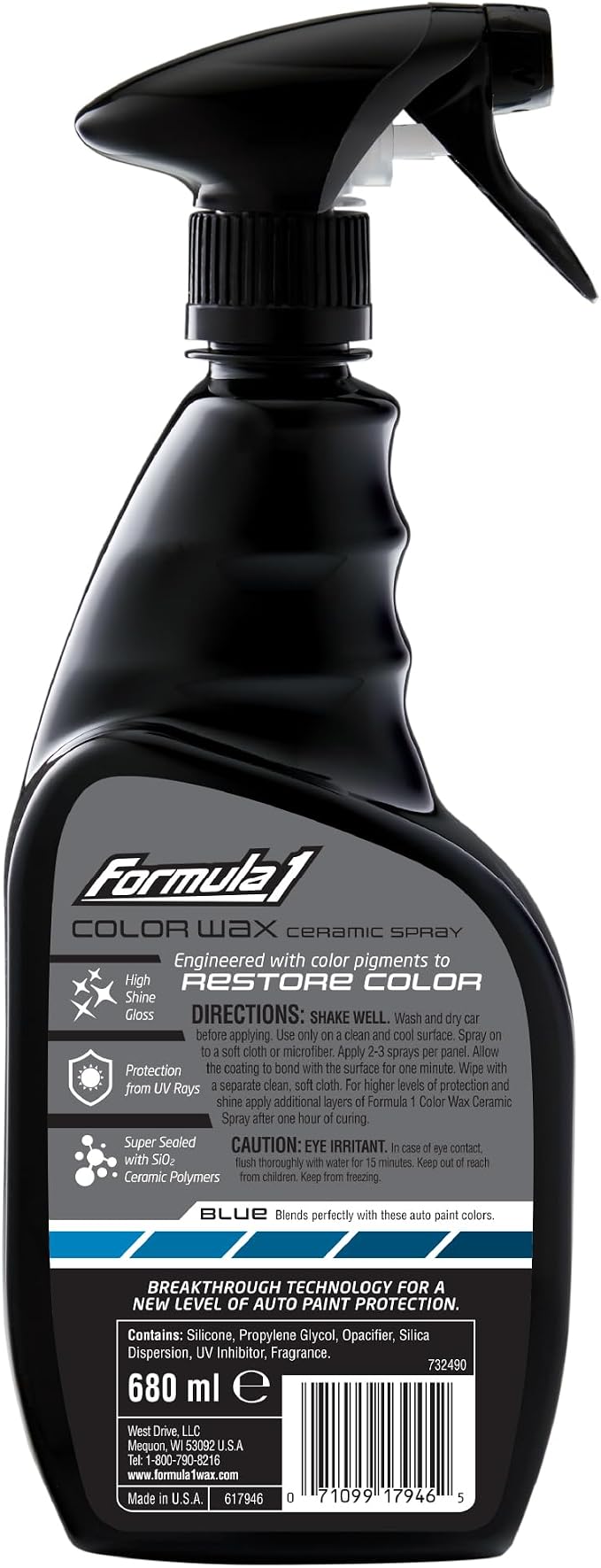 Formula 1 Color Wax Spray for Blue Cars, Gives Ceramic Water Beading Protection and Ultimate Shiny Finish, Fills Minor Scratches with Color-Match Pigment, 23 oz