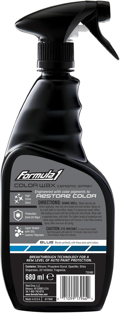 Formula 1 Color Wax Spray for Blue Cars, Gives Ceramic Water Beading Protection and Ultimate Shiny Finish, Fills Minor Scratches with Color-Match Pigment, 23 oz
