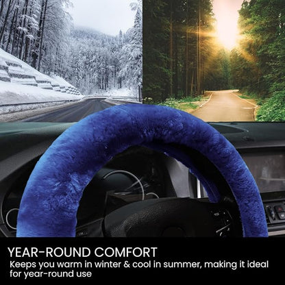 Andalus Brands Luxury Fluffy Car Steering Wheel Covers – Genuine Merino Sheepskin, Soft Fuzzy Car Steering Wheel Cover for Women, Universal 14.5-15" Size, Plush Fur Cute Auto Accessories, Navy