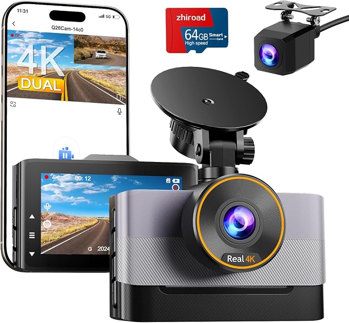 4K Dash Cam Front and Rear, Dual Dash Camera for Cars with 64G SD Card, 3" IPS Dashcam with Night Vision, Time Lapse, 24H Parking Mode, 170° Wide Angle, G-Sensor, Loop Recording, Real WDR