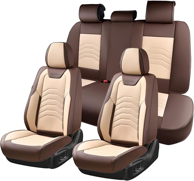 Coverado Seat Covers for Cars, 5 Seats Seat Covers Full Set, Faux Leather Seat Covers for Cars, Automotive Seat Covers Universal Car Seat Protector Seat Cushion Fit for Most Cars Trucks, Coffee&Beige