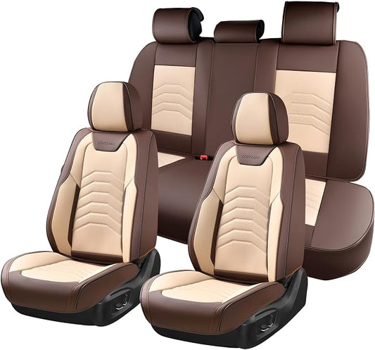 Coverado Seat Covers for Cars, 5 Seats Seat Covers Full Set, Faux Leather Seat Covers for Cars, Automotive Seat Covers Universal Car Seat Protector Seat Cushion Fit for Most Cars Trucks, Coffee&Beige
