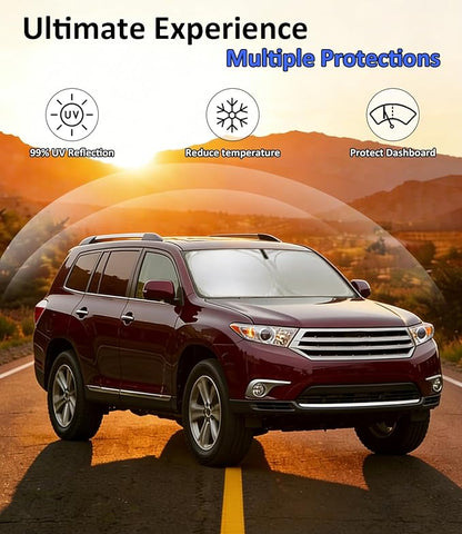 Windshield Sun Shade for 2008-2013 Toyota Highlander Accessories, Car Front Window Sun Visor & Heat Shield | 240T Sunshade Protection Blocks UV Rays Keep Your Car Cooler