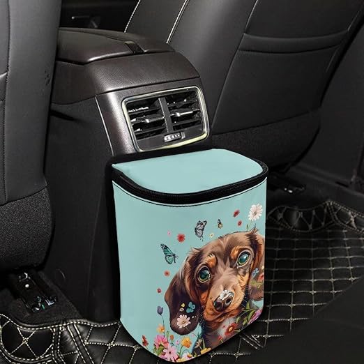 Talayituse Dachshund Butterfly Daisy Print Car Trash Can Accessories Organizer Garbage Bag Dustbin Container with Lid Waste Basket Storage Pocket Hanging Large Size Vehicle Trash Bin