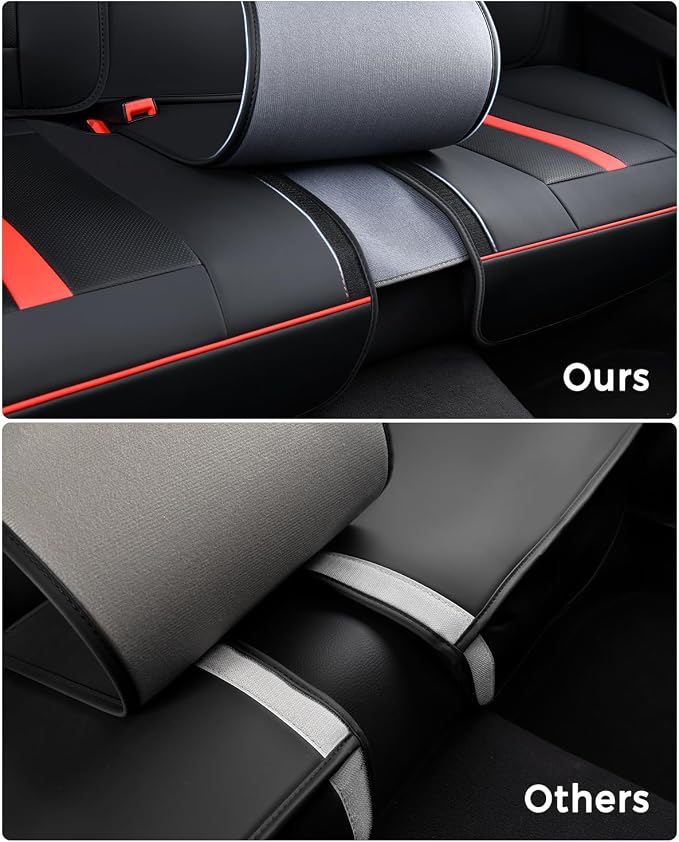 Huidasource Rear seat Cover Luxury Nappa Leather, Back seat Cover with Velcro Adjustable, Ventilation Holes, Seat Belts, Child Seats, Car Cover Seat Universal Fit for Most Cars SUV Trucks, Black＆Red