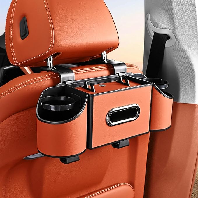 Back Seat Car Organizer,4 in 1 Multifunctional Car Back Seat Storage Box with Drink Cup Holder Tissue Box, for Hold Phone,Snacks, Drinks, Handbag-Orange