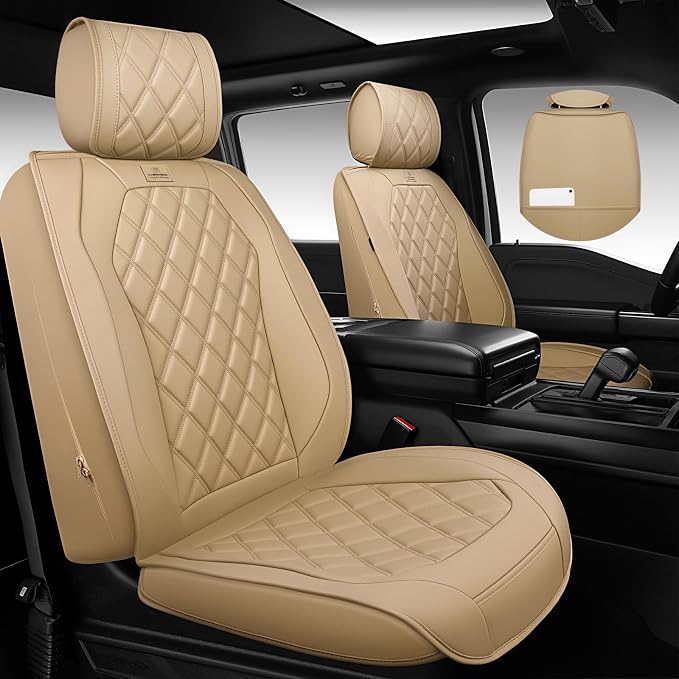 CAR PASS Luxury Nappa Leather Seat Covers Full Set, 3D Rhombus Waterproof Faux Leather Seat Covers, Universal Automotive Seat Cushion Fit for Most Sedan SUV Truck Van, Armrest Airbag Compatible Beige