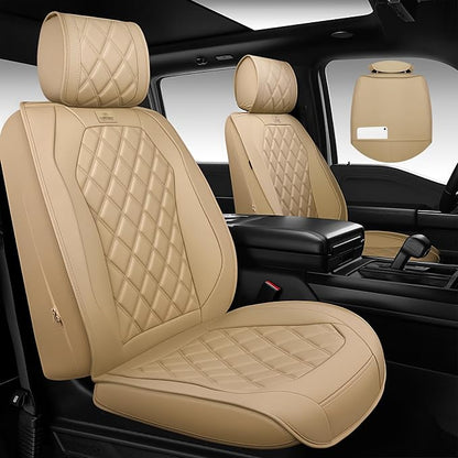 CAR PASS Luxury Nappa Leather Seat Covers Full Set, 3D Rhombus Waterproof Faux Leather Seat Covers, Universal Automotive Seat Cushion Fit for Most Sedan SUV Truck Van, Armrest Airbag Compatible Beige