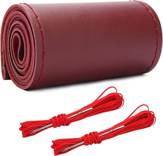 Wevdn Genuine Leather Steering Wheel Cover, Stitch on Wrap, DIY Sewing Steering Wheel Protector, 15 Inch Breathable Non-Slip Steering Wheel Protector, Car Accessories (Wine Red, Glossy)