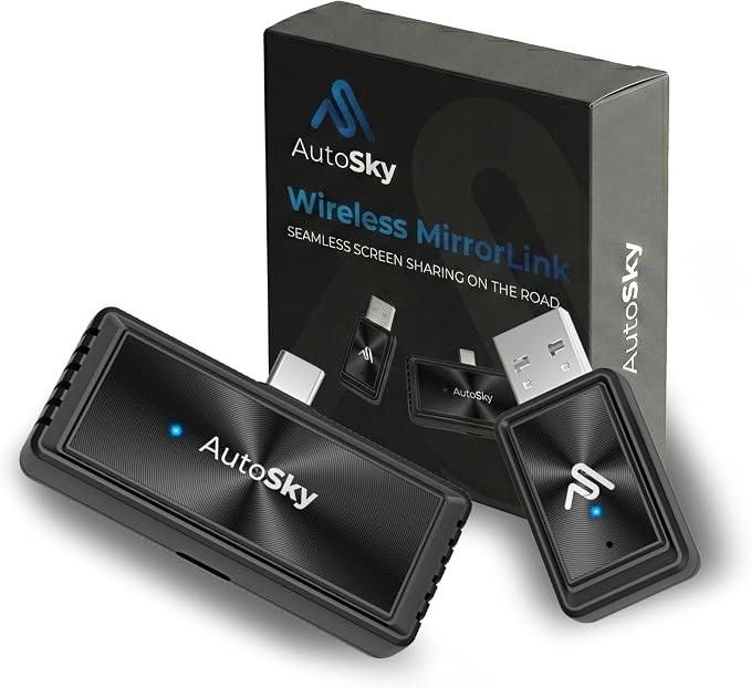 AutoSky Mirror-Link AIR PRO Wireless Screen Mirroring Adapter for Wired CarPlay, USB-C Phone Required, DisplayPort (DP-Alt) Compatible, Stream Apps Wirelessly, Charge While Mirroring