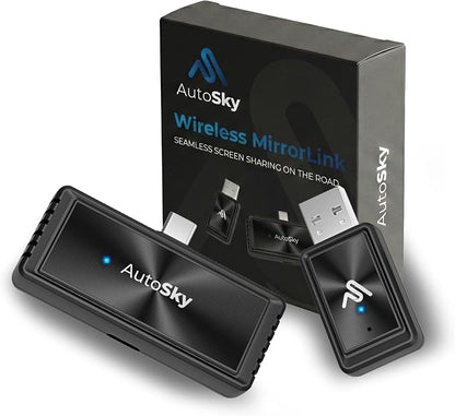 AutoSky Mirror-Link AIR PRO Wireless Screen Mirroring Adapter for Wired CarPlay, USB-C Phone Required, DisplayPort (DP-Alt) Compatible, Stream Apps Wirelessly, Charge While Mirroring