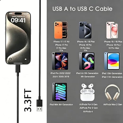 1.5FT Short USB A to USB C Charging cable, Car Carplay Charger Cable for iPhone 17/16/15, iPhone 17E/16E, 15/16/17 Pro Max 15 16 Plus, iPad 10th Gen iPad Pro, Air 5th 4th Mini 6th Replacement Black