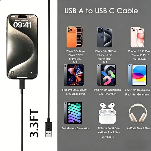 1.5FT Short USB A to USB C Charging cable, Car Carplay Charger Cable for iPhone 17/16/15, iPhone 17E/16E, 15/16/17 Pro Max 15 16 Plus, iPad 10th Gen iPad Pro, Air 5th 4th Mini 6th Replacement Black