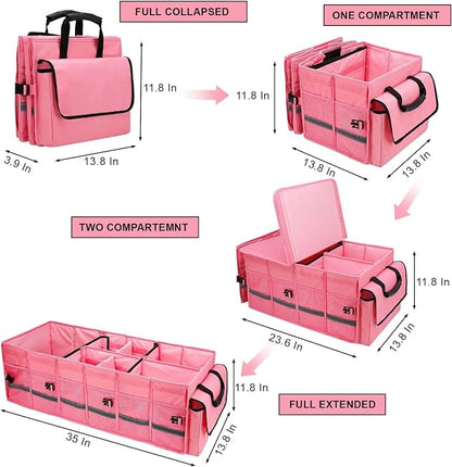GDNasist Car Trunk Organizer and Storage with Lid & Removable Cooler Bag, Car Accessories 6 Removable Dividers for Custom Space, Collapsible Large Trunk Organizers Interior for SUV & Sedan, Pink