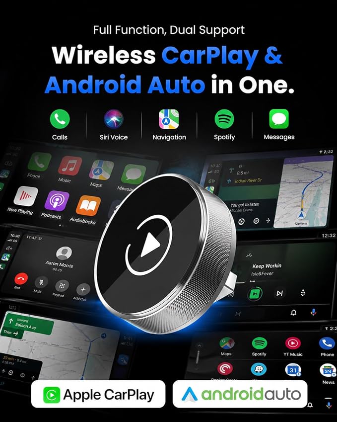 KAYZY 2026 Wireless CarPlay & Android Auto Adapter 2-in-1, Plug & Play Mini Tube Wireless Carplay Adapter for iPhone & Android, Auto Connect with No Latency, Premium Aluminum Design, USB A & USB C