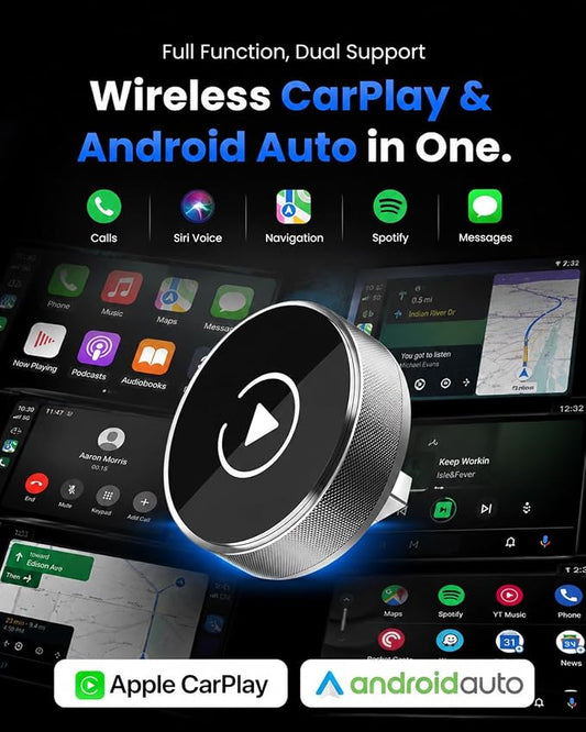 KAYZY 2026 Wireless CarPlay & Android Auto Adapter 2-in-1, Plug & Play Mini Tube Wireless Carplay Adapter for iPhone & Android, Auto Connect with No Latency, Premium Aluminum Design, USB A & USB C