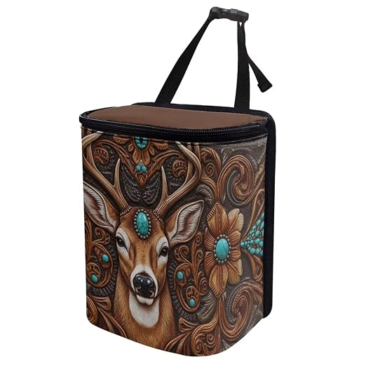 Talayituse Vintage Brown Elk Print Car Trash Bin, Large Size Auto Trash Can Adjustable Portable Garbage Can with Lid, Vehicle Hanging Bag for Headrest Front Back Seat