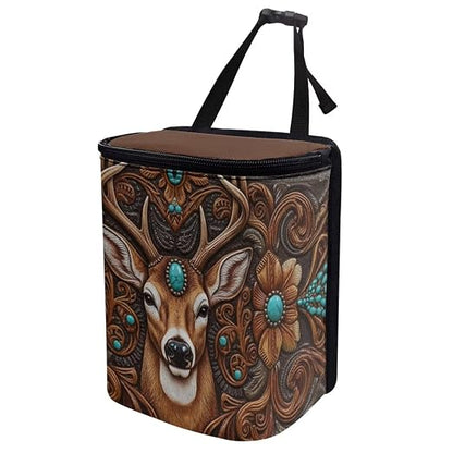Talayituse Vintage Brown Elk Print Car Trash Bin, Large Size Auto Trash Can Adjustable Portable Garbage Can with Lid, Vehicle Hanging Bag for Headrest Front Back Seat