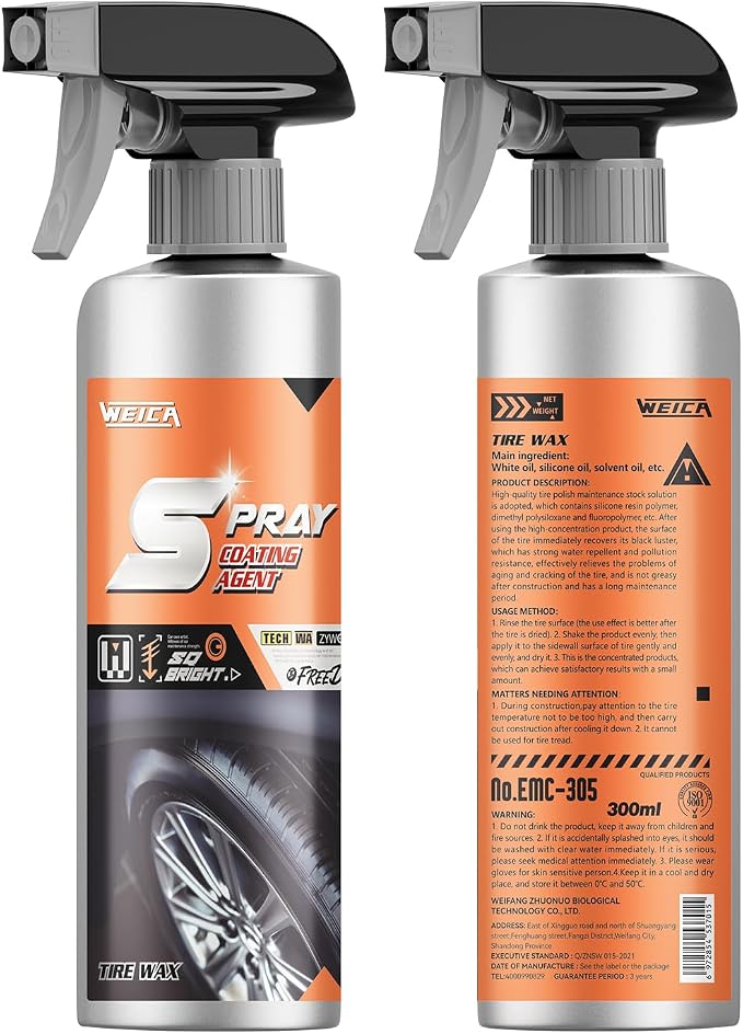 Tire Shine Spray Kit - Restore Deep Black Shine, Non-Greasy Finish, Prevents Fading & Cracking, Easy Apply with Brush 10.15 fl oz