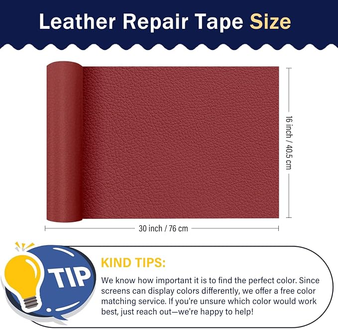 Zenyao Leather Repair Patch Tape - Self Adhesive Leather Repair Kit for Car Seat Furniture, Heavy Duty Vinyl Repair Patch for Couch Sofa, Waterproof for Rips Scratches Tears, 16x30 Inch Roll, Red