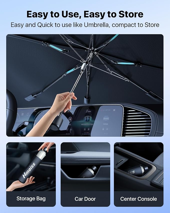 [Upgraded] Nmoiss Windshield Sun Shade Umbrella - [Vinyl Coating Heat Shield] Protect Car from Sun Rays & Heat Damage Keep Cool and Protect Interior, Spring Structure Edge Medium 56" L x 31" W