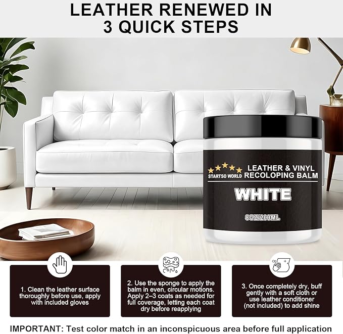 STARTSO WORLD Leather Recoloring Balm - Repair Kit for White Furniture and Car Seats | Scratch Remover, Restores Faded Leather