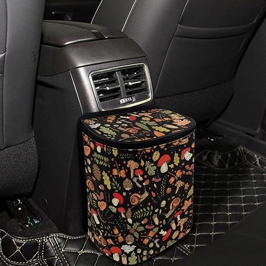 Trash Can for Car Leakproof Garbage with Lid and Zipper Boho Cottagecore Mushroom Snail Ferns Trash Bin Hanging Back of Seat Auto Interior Accessories Universal Fit Most Truck SUV Van