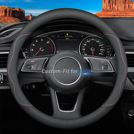 Custom-Fit for BMW Steering Wheel Cover, Premium Leather Car Steering Wheel Cover with Logo, Non-Slip, Breathable, for BM-W Accessories (A-Style,for BMW)