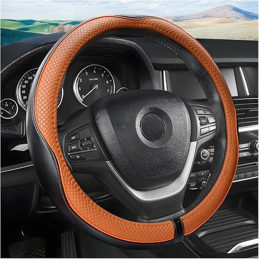 Leather Steering Wheel Cover, Soft Breathable Anti Slip, Universal Fit 15 Inch Car, Truck, SUV (Black/Orange)