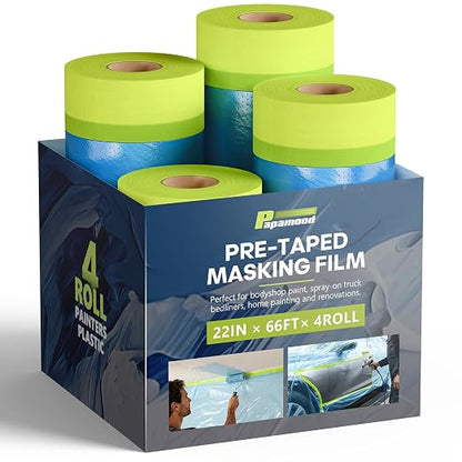 Pre-Taped Masking Film for Painting(4 Rolls) - 22" x 66'Painters Plastic Sheeting with Tape and Drape, Painters Drop Cloth for Automotive & Home, Cover for Walls/Floors/Windows/Cars Protection