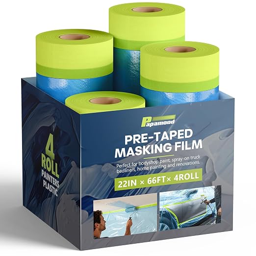 Pre-Taped Masking Film for Painting(4 Rolls) - 22" x 66'Painters Plastic Sheeting with Tape and Drape, Painters Drop Cloth for Automotive & Home, Cover for Walls/Floors/Windows/Cars Protection