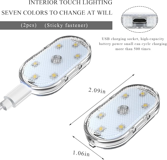 Wevdn 2 PCS Car LED Lights Interior Wireless, Magnetic Car Ambient Lighting with 6 Bright LED Lamp Beads, Portable USB Rechargeable Vehicle Interior Led Night Light for Car (Colorful)