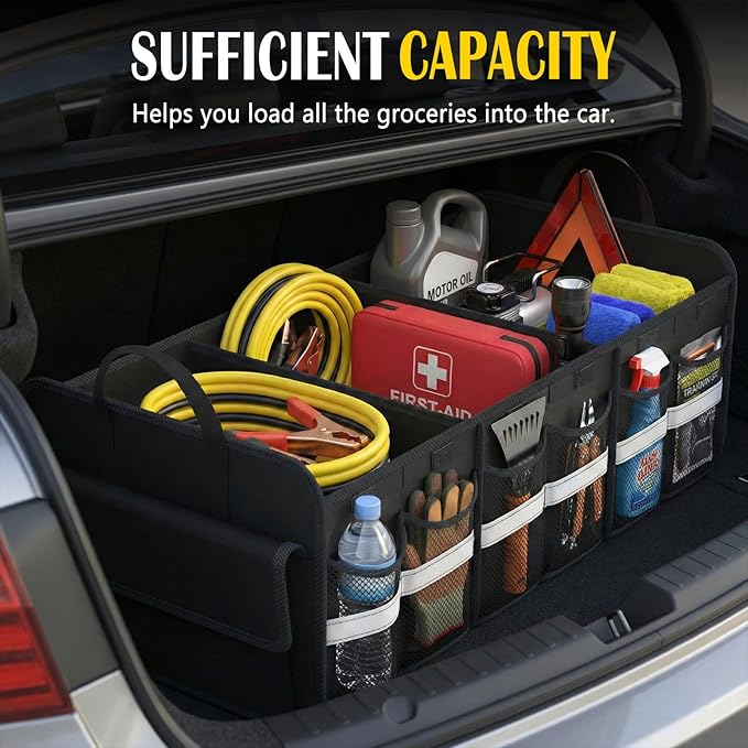 Trunk Organizer for SUV, Large trunk organizer for car, Collapsible Multi-Compartment Car Trunk Organizer, Sturdy Cargo Trunk Storage Organizer, Non Slip Bottom
