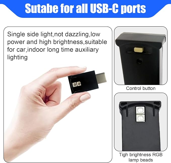 ZIMISI 2PCS Mini USB LED Light, Type C Night Lamp, Adjustable 8 Colors RGB Dynamic Gradient Brightness, Mini LED USB Car Interior Atmosphere Light for Vehicle Home Office Decoration Lighting