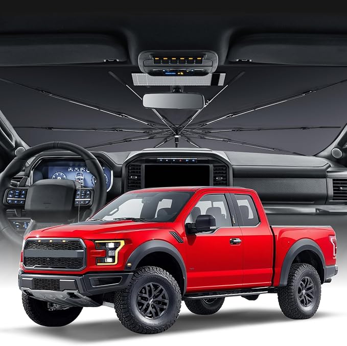 Zanch Upgrade Windshield Sun Shade, Custom Fit for Ford F150 2015-2025 [Titanium-Silver Reflective Coating] Blocks 99% UV & Heat, Sunshade Umbrella for F150 2015 ... 2022 2023 2024 2025