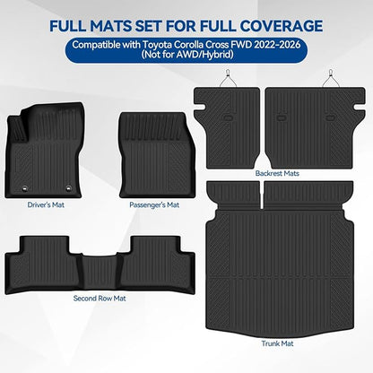 Custom Fit Floor Mats for Toyota Corolla Cross FWD 2022-2026 (Not for AWD/Hybrid), All Weather TPE Floor Liners with Trunk Mat & Backrest Protectors, Odorless Full Set Interior Accessories