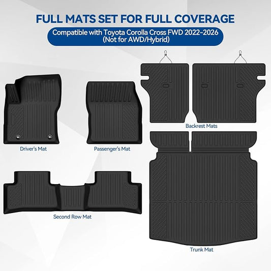 Custom Fit Floor Mats for Toyota Corolla Cross FWD 2022-2026 (Not for AWD/Hybrid), All Weather TPE Floor Liners with Trunk Mat & Backrest Protectors, Odorless Full Set Interior Accessories