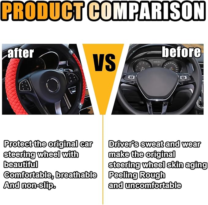 Bling Soft Leather Steering Wheel Cover, 15 Inch Colorful Rhinestones Auto Elastic Protector with Crystal Diamond for Women Girls, Car Accessories for Most Cars, SUVs (Red)