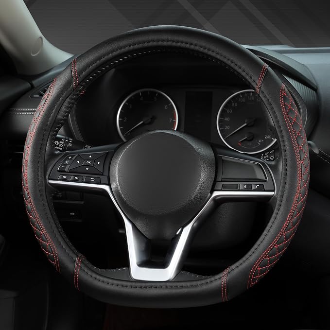 West Llama Flat Bottom Car Steering Wheel Cover for Nissan,D Shaped Steering Wheel Cover for Rogue,Altima,Kicks (Diamond Quilted-Black+Red-Standard Size)