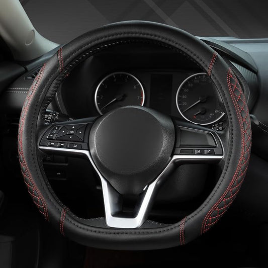 West Llama Flat Bottom Car Steering Wheel Cover for Nissan,D Shaped Steering Wheel Cover for Rogue,Altima,Kicks (Diamond Quilted-Black+Red-Standard Size)